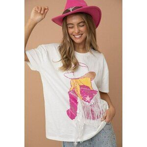 Doin' Cowgirl Things Sequin Fringe Graphic Tee in White